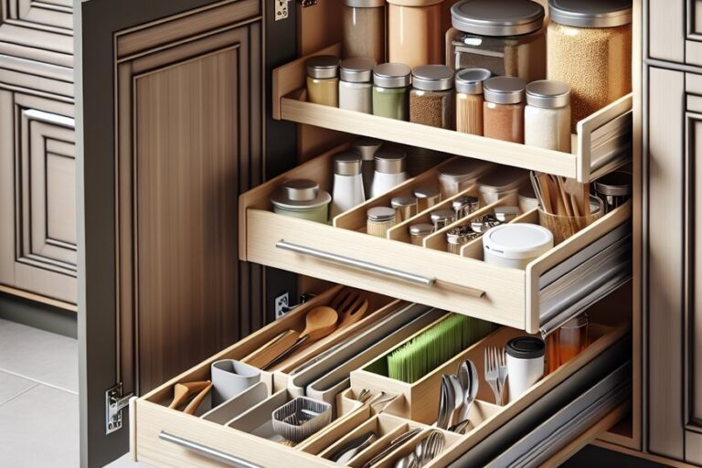 A perfectly organised kitchen drawer featuring various accessories for efficient storage and tidy cutlery.