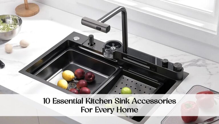 A modern kitchen sink setup featuring essential cleaning accessories on a marble countertop.