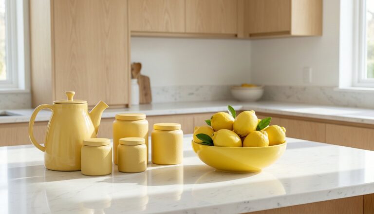 A collection of stylish yellow kitchen accessories displayed on a bright marble countertop.