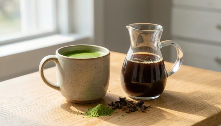 A ceramic mug of matcha and chicory root coffee alternative on a wooden table.
