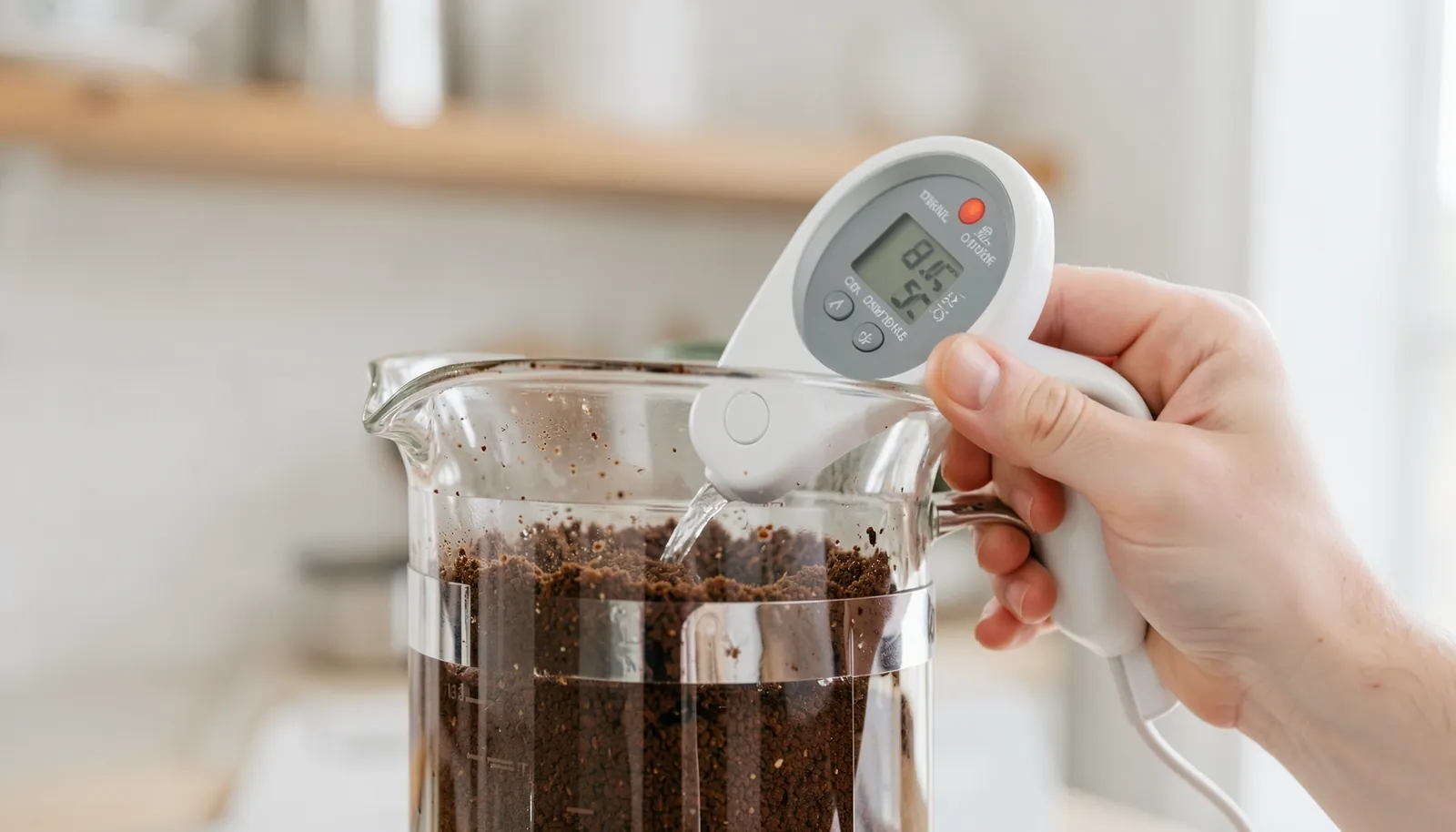 A digital thermometer measures the water temperature inside a glass French press coffee maker.