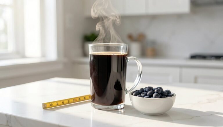 A glass mug of black coffee and blueberries for healthy weight loss.