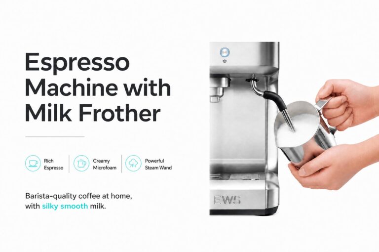 A modern espresso machine with a milk frother next to a latte in a kitchen.