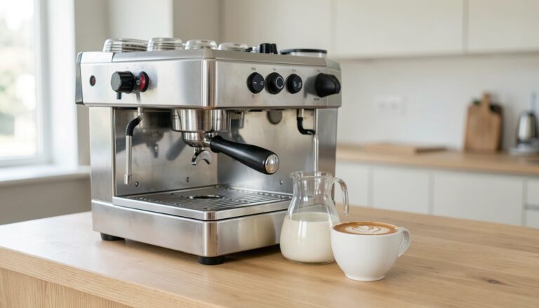 A professional coffee machine preparing a delicious flat white in a modern kitchen.
