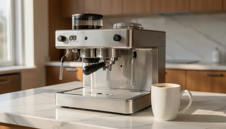 A professional coffee machine preparing a fresh americano on a bright marble kitchen counter.