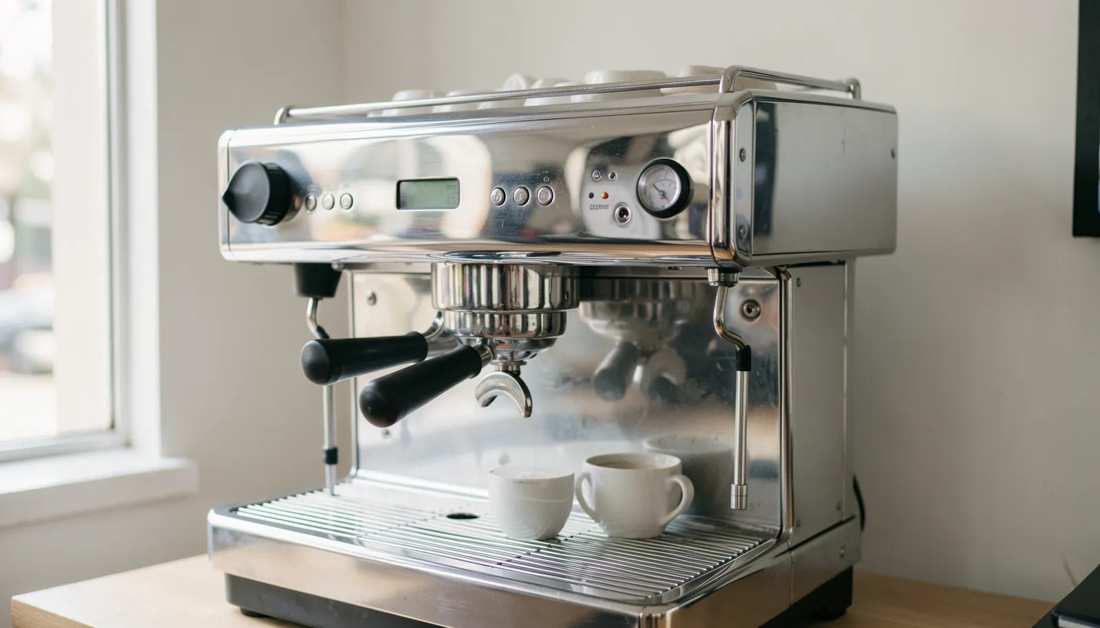 A professional espresso machine with a portafilter stands ready for the brewing process.