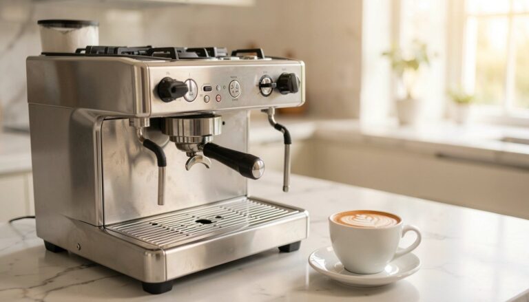 A stainless steel espresso machine preparing a perfect cappuccino in a bright modern kitchen.