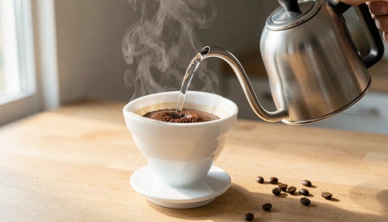 A stainless steel gooseneck kettle pours water over coffee grounds for the perfect brew.